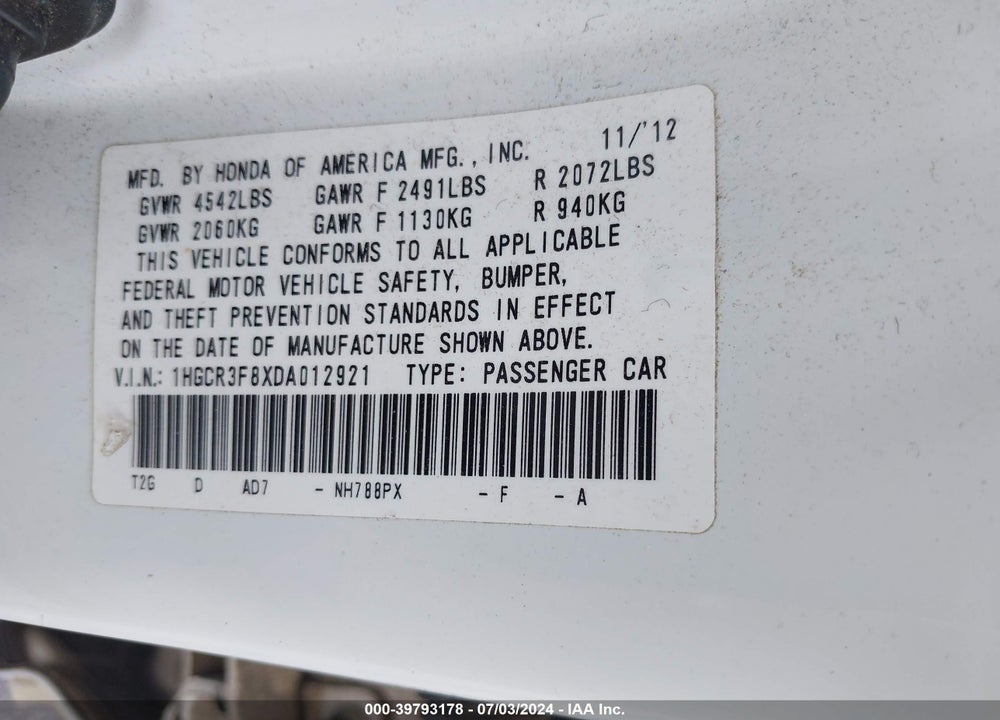 2013 HONDA ACCORD EX-L V-6 VIN: 1HGCR3F8XDA012921