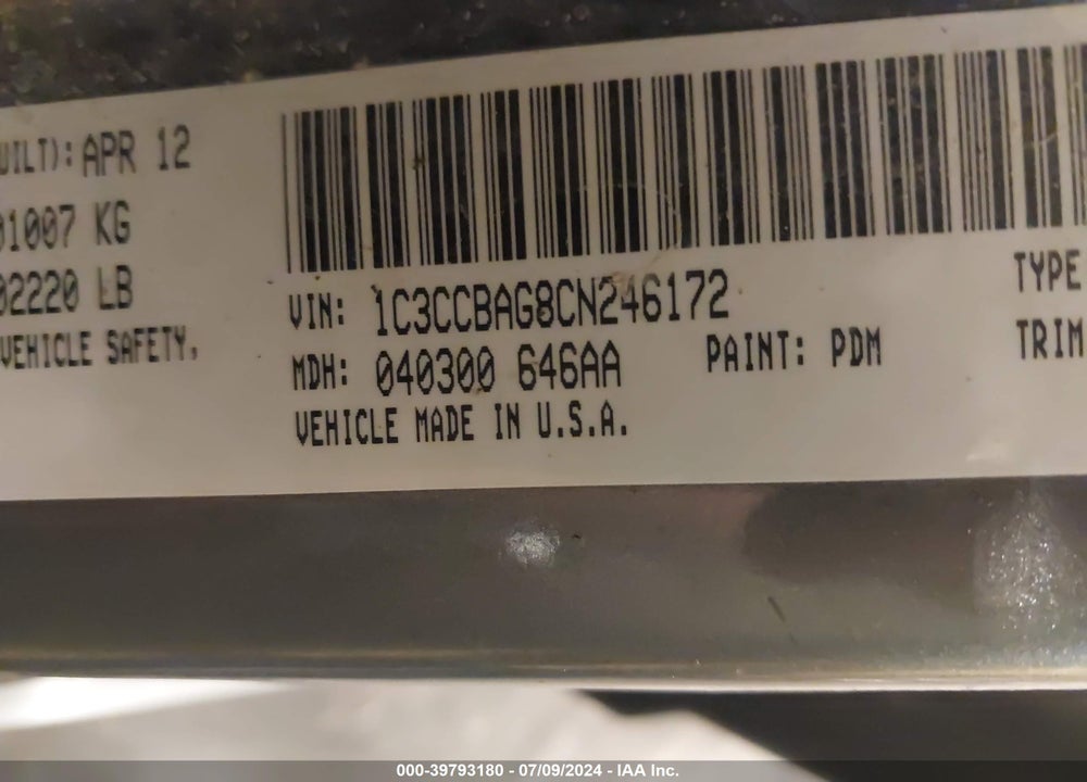 2012 CHRYSLER 200 LX VIN: 1C3CCBAG8CN246172