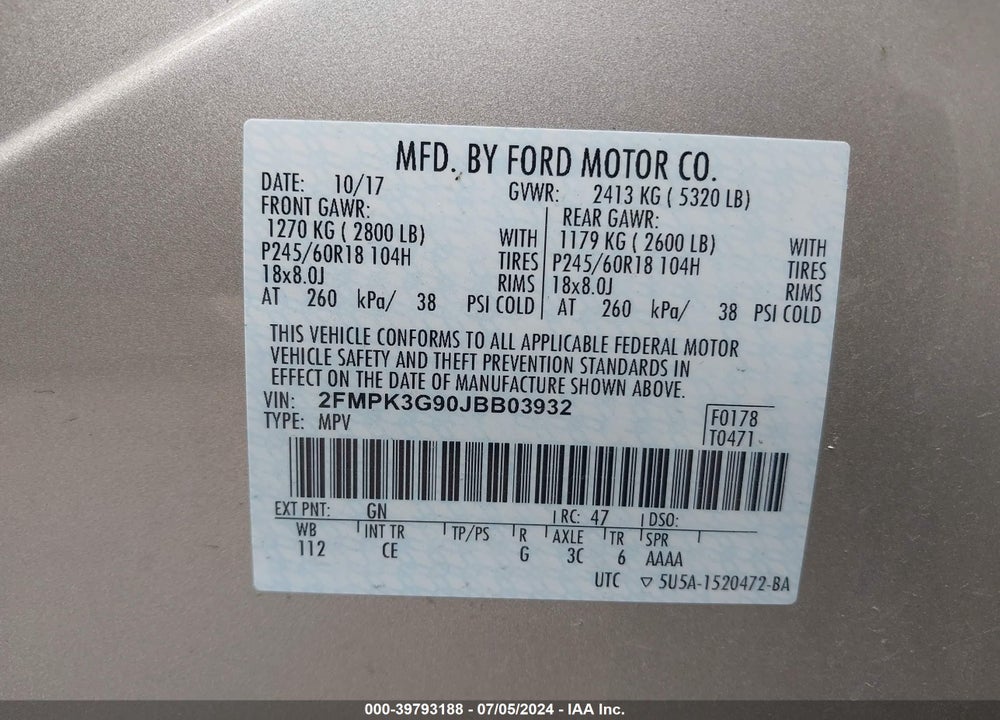 2018 FORD EDGE SE VIN: 2FMPK3G90JBB03932