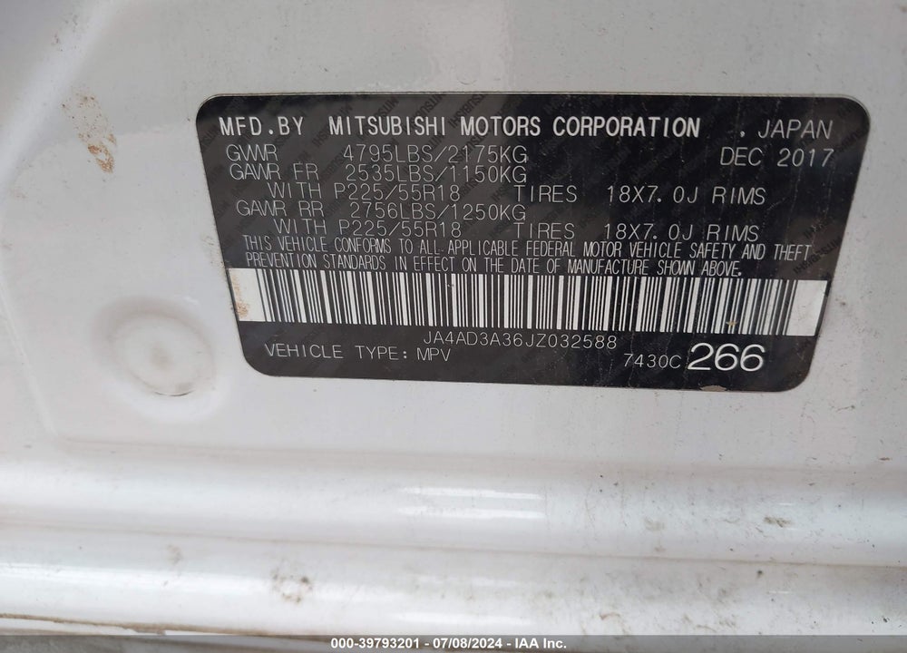 2018 MITSUBISHI OUTLANDER SE VIN: JA4AD3A36JZ032588