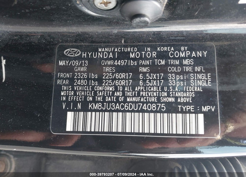 2013 HYUNDAI TUCSON GLS VIN: KM8JU3AC6DU740875