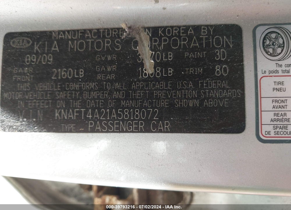2010 KIA FORTE LX VIN: KNAFT4A21A5818072
