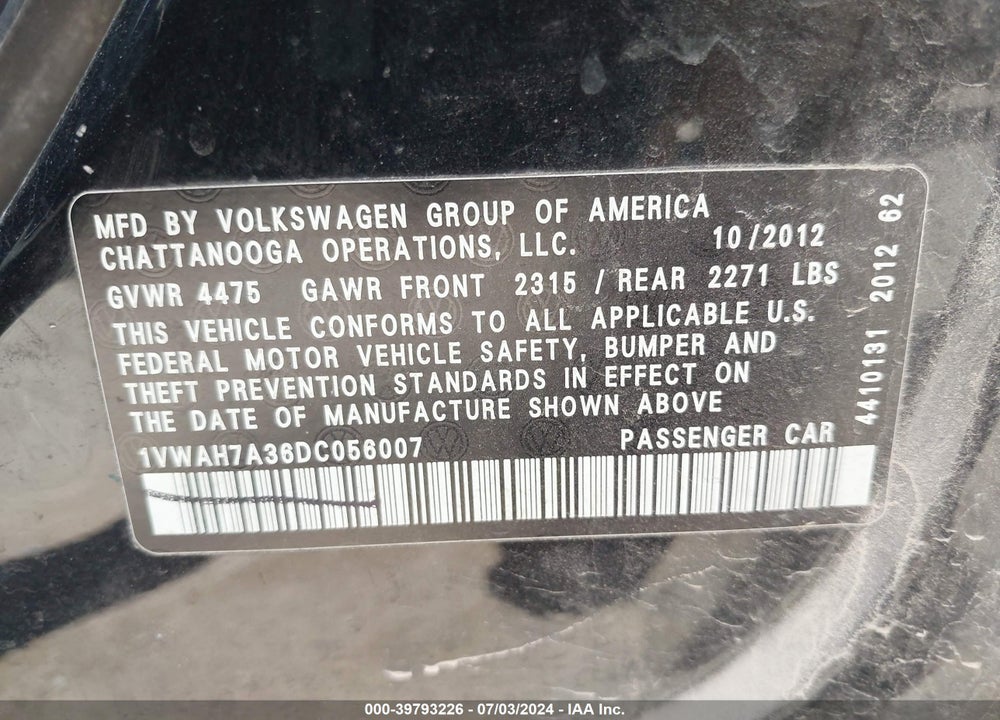 2013 VOLKSWAGEN PASSAT 2.5L S VIN: 1VWAH7A36DC056007