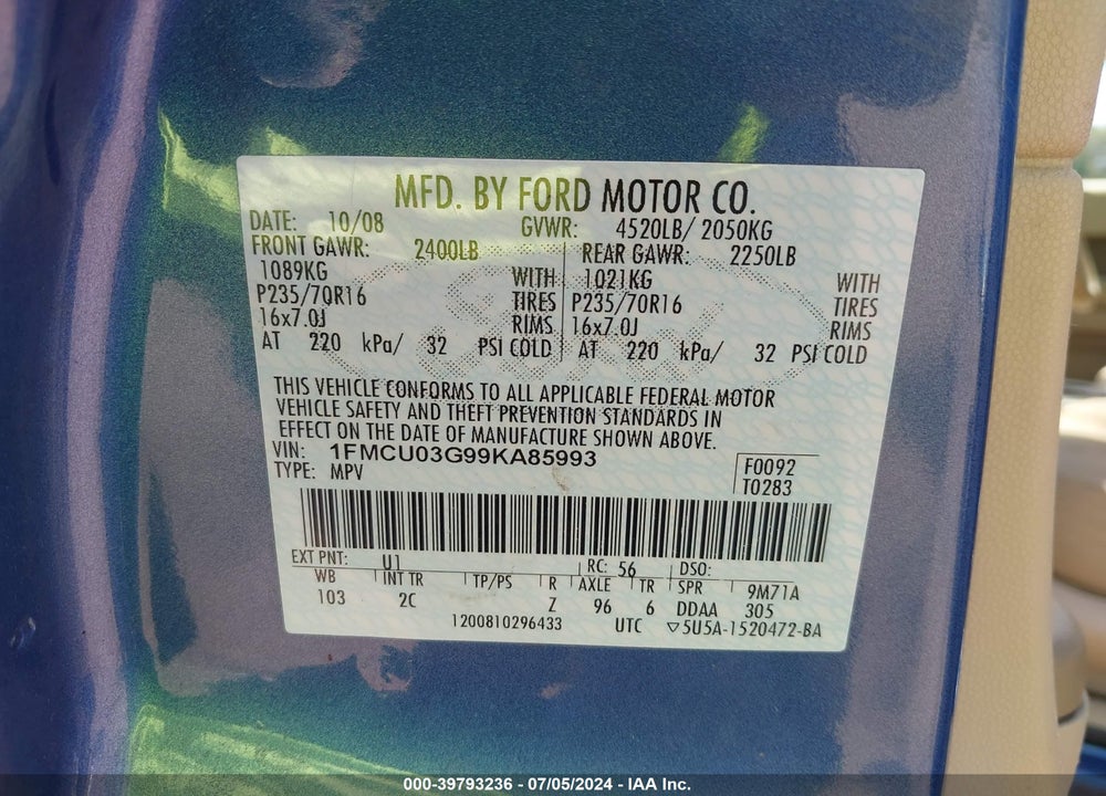 2009 FORD ESCAPE XLT VIN: 1FMCU03G99KA85993
