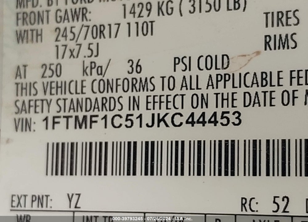 2018 FORD F-150 XL VIN: 1FTMF1C51JKC44453