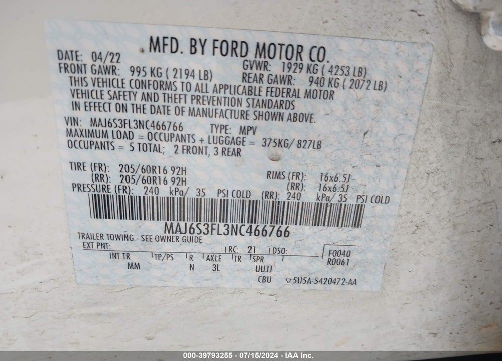 2022 FORD ECOSPORT S VIN: MAJ6S3FL3NC466766