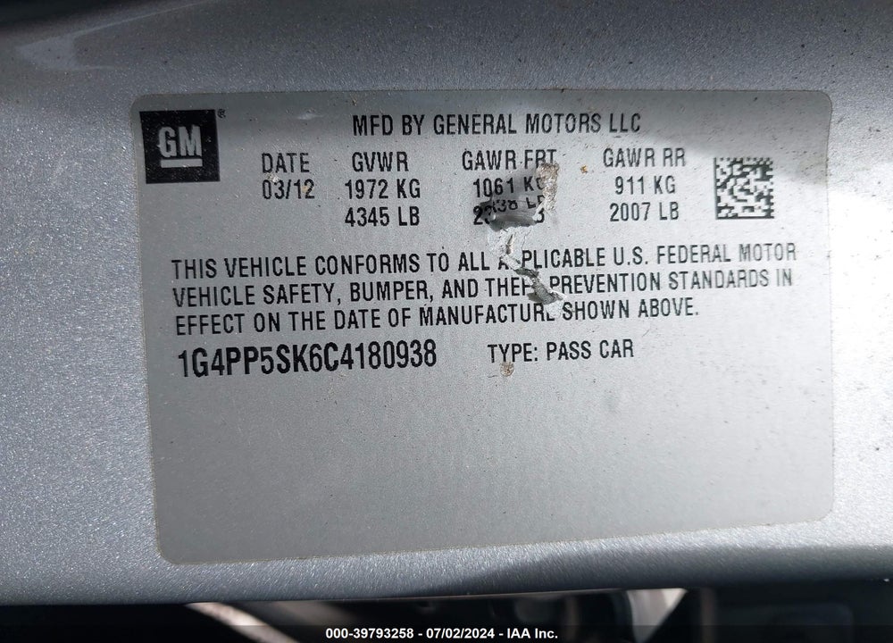 2012 BUICK VERANO VIN: 1G4PP5SK6C4180938