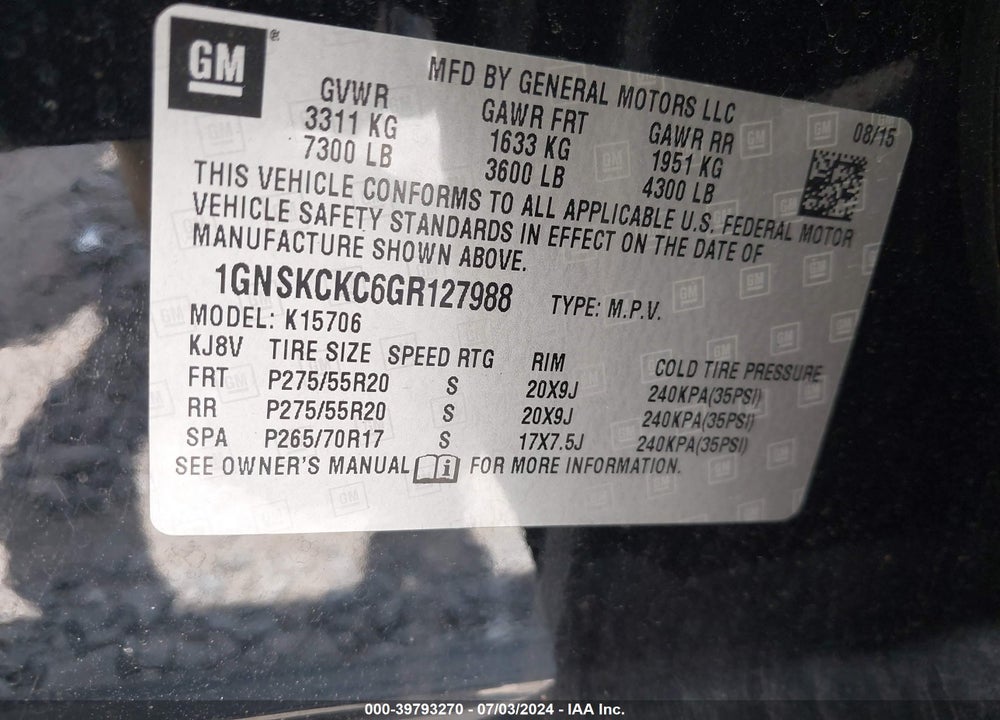 2016 CHEVROLET TAHOE LTZ VIN: 1GNSKCKC6GR127988