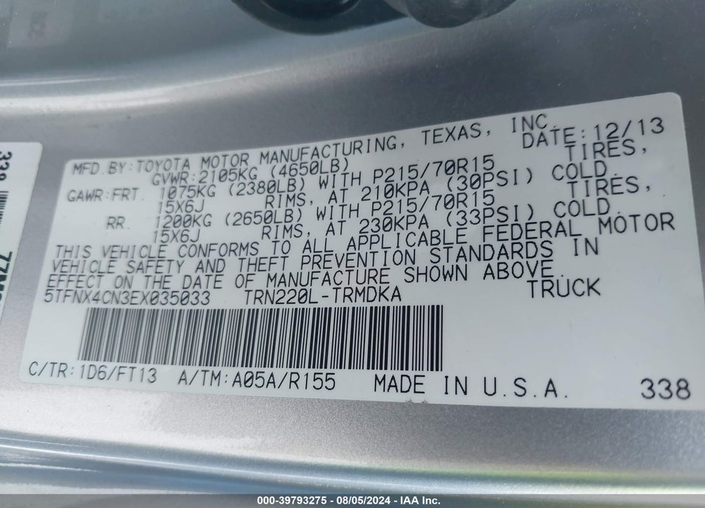 2014 TOYOTA TACOMA VIN: 5TFNX4CN3EX035033