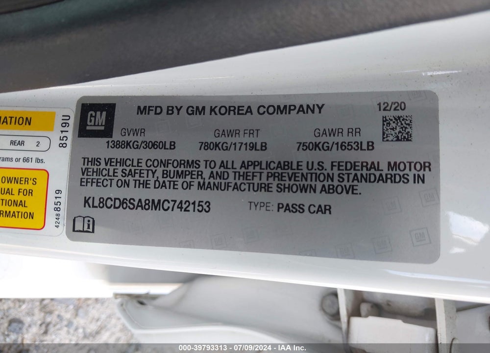 2021 CHEVROLET SPARK FWD 1LT AUTOMATIC VIN: KL8CD6SA8MC742153
