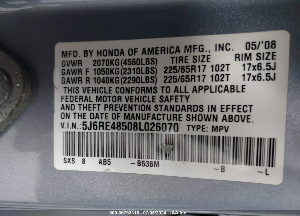 2008 HONDA CR-V EX VIN: 5J6RE48508L026070