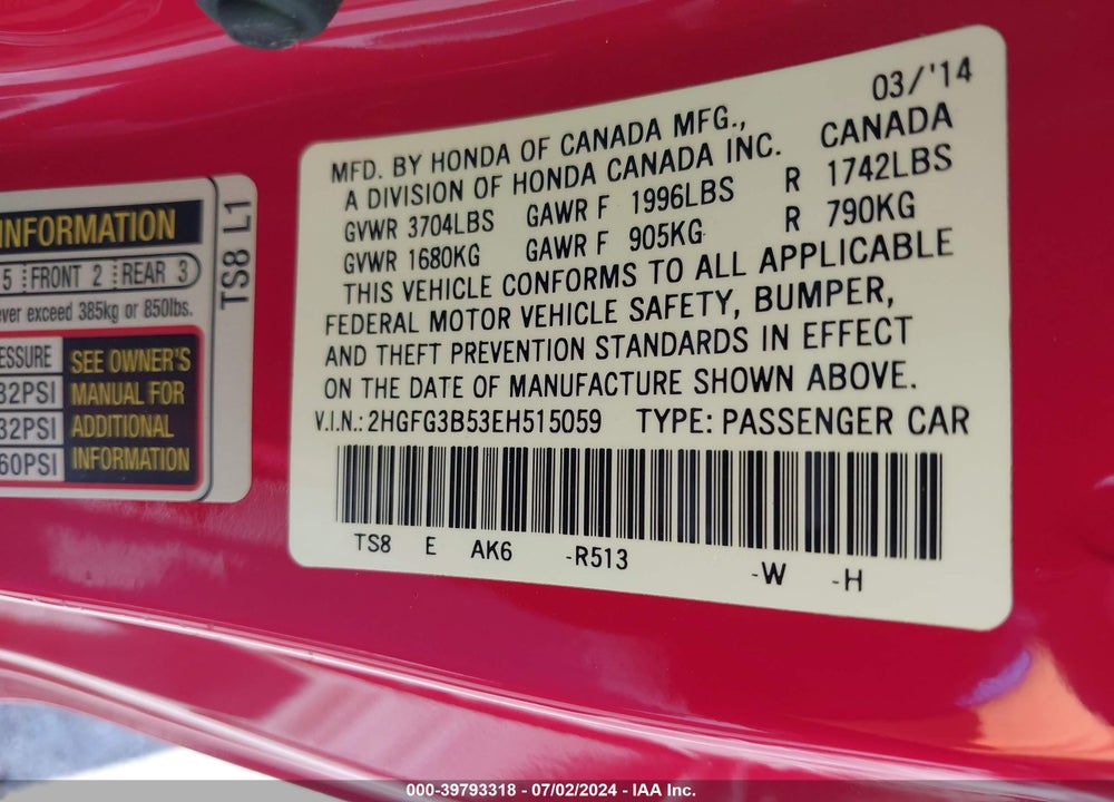 2014 HONDA CIVIC VIN: 2HGFG3B53EH515059