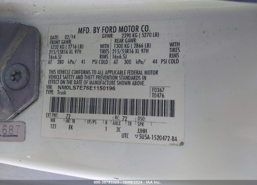 2014 FORD TRANSIT CONNECT XL VIN: NM0LS7E76E1150196