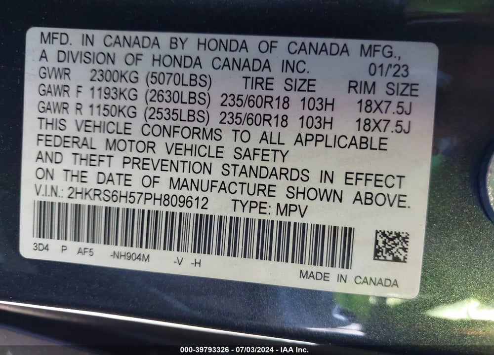 2023 HONDA CR-V HYBRID SPORT VIN: 2HKRS6H57PH809612