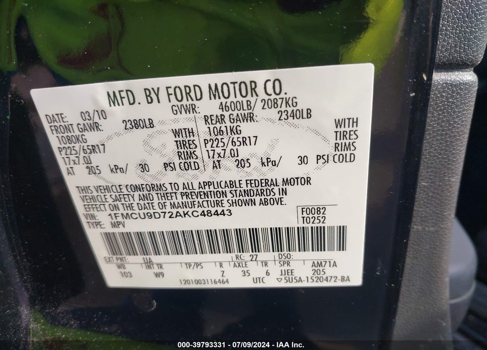 2010 FORD ESCAPE XLT VIN: 1FMCU9D72AKC48443