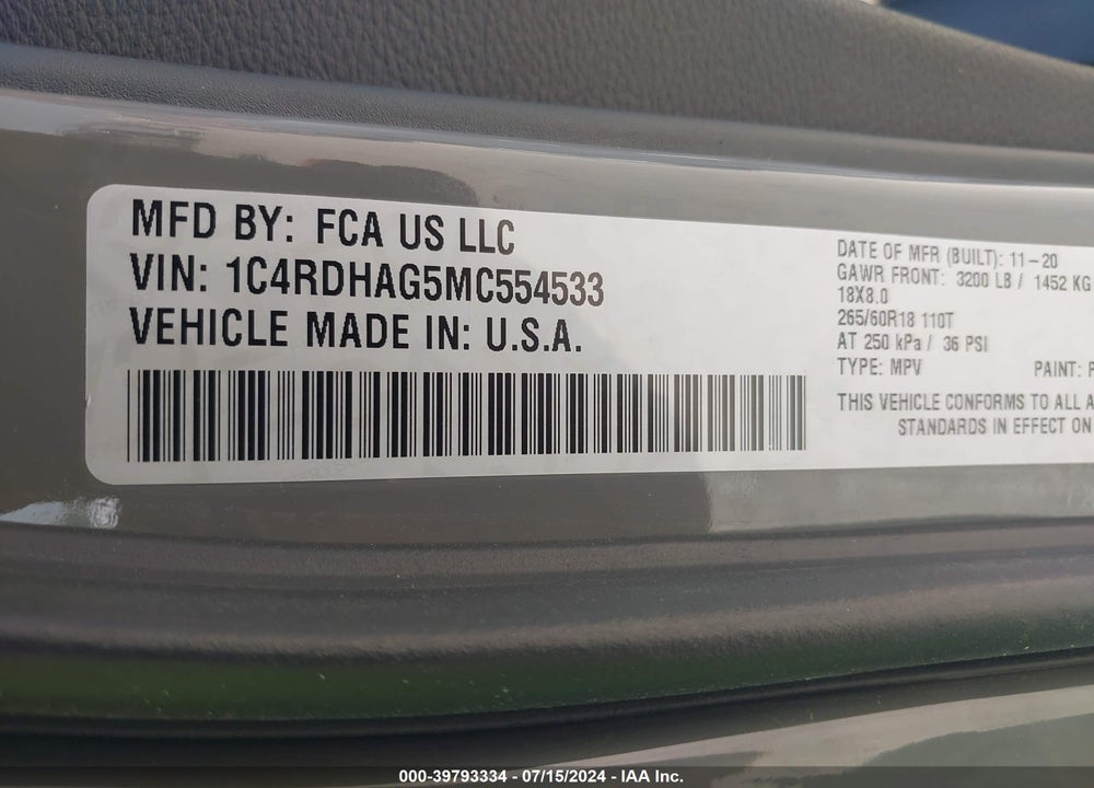 2021 DODGE DURANGO SXT PLUS RWD VIN: 1C4RDHAG5MC554533