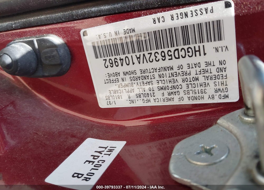 1997 HONDA ACCORD LX VIN: 1HGCD5632VA104962
