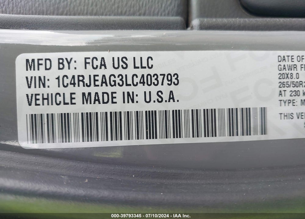 2020 JEEP GRAND CHEROKEE ALTITUDE 4X2 VIN: 1C4RJEAG3LC403793