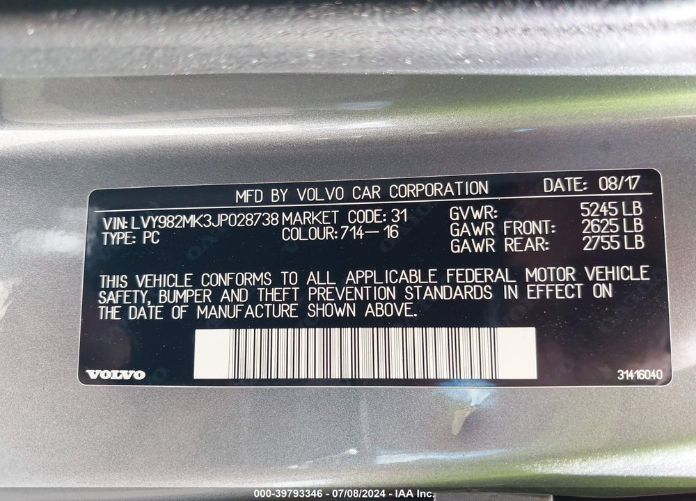 2018 VOLVO S90 T5 MOMENTUM VIN: LVY982MK3JP028738