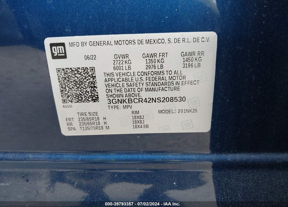 2022 CHEVROLET BLAZER FWD 2LT VIN: 3GNKBCR42NS208530