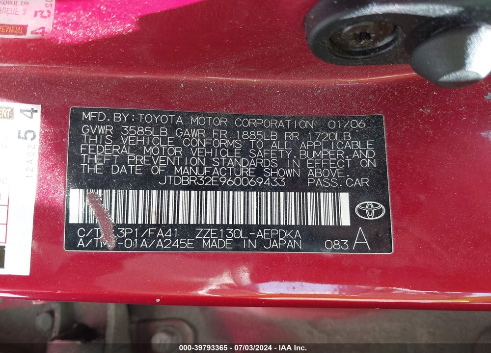 2006 TOYOTA COROLLA CE VIN: JTDBR32E960069433
