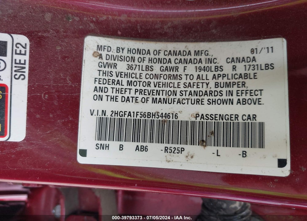 2011 HONDA CIVIC LX VIN: 2HGFA1F56BH544616