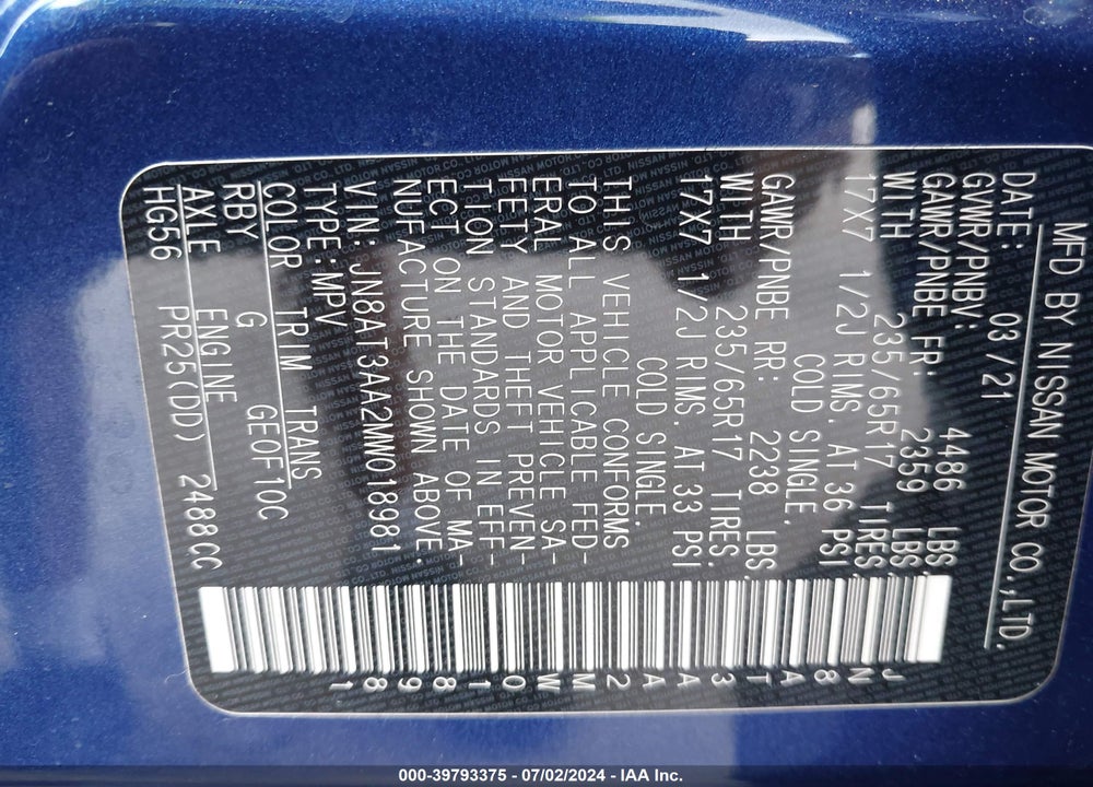 2021 NISSAN ROGUE S FWD VIN: JN8AT3AA2MW018981