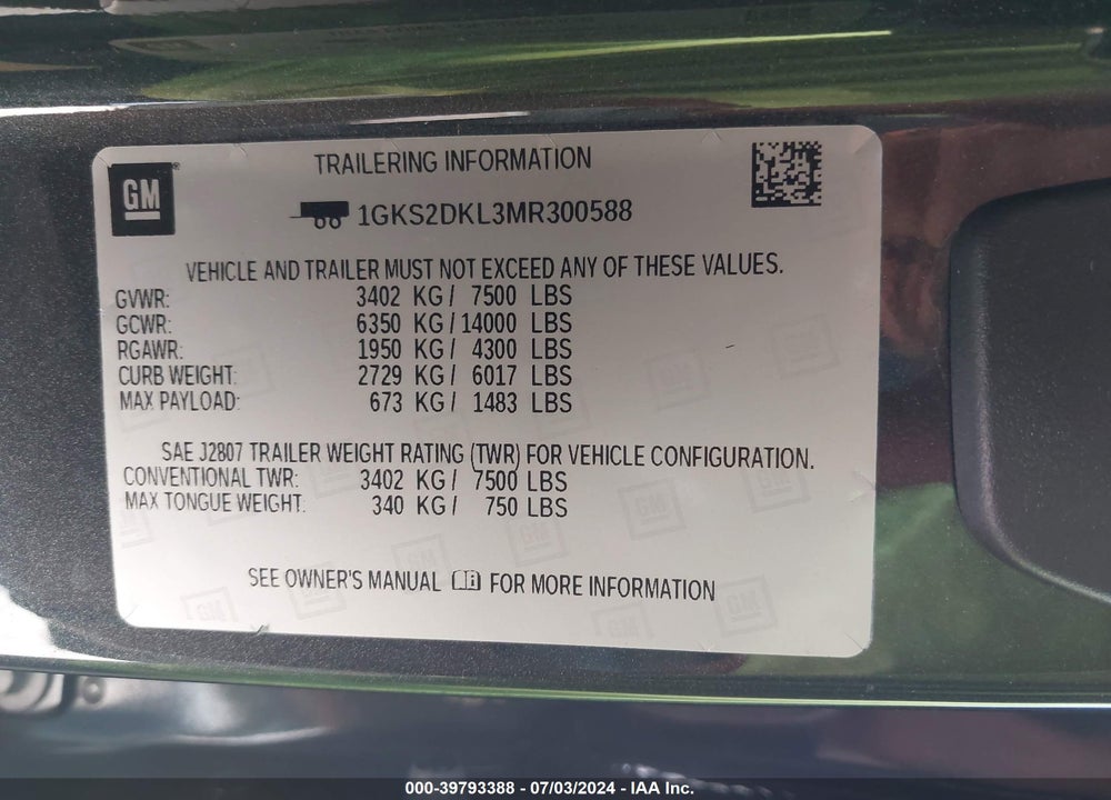 2021 GMC YUKON 4WD DENALI VIN: 1GKS2DKL3MR300588