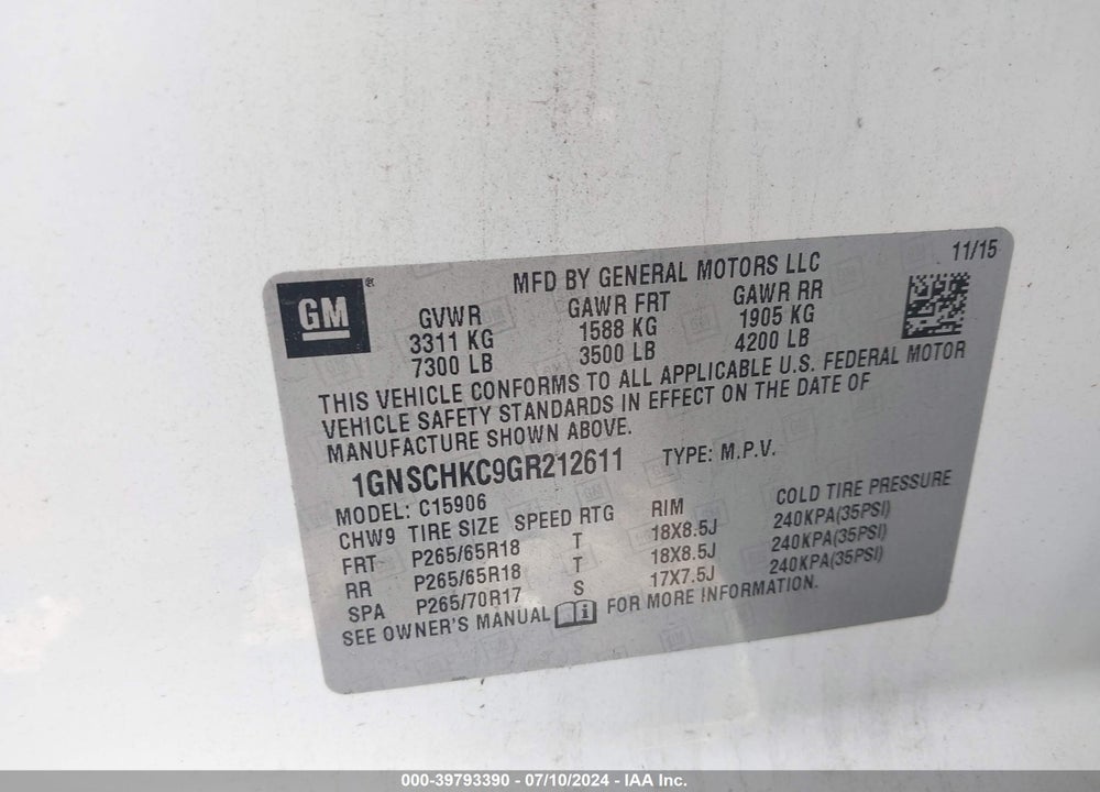 2016 CHEVROLET SUBURBAN LT VIN: 1GNSCHKC9GR212611