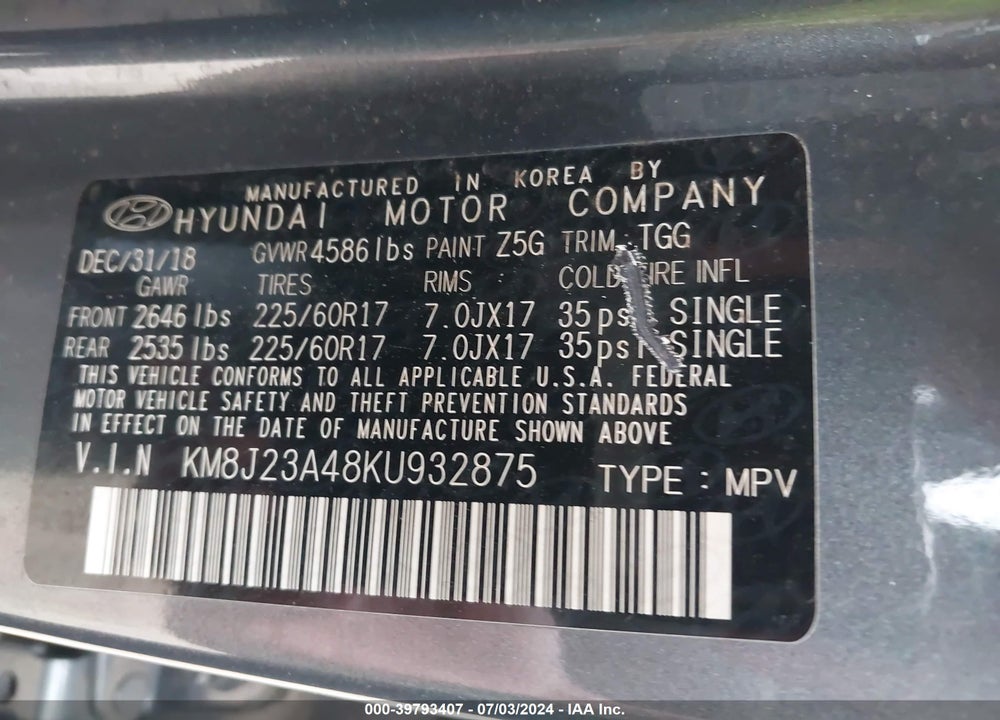 2019 HYUNDAI TUCSON SE VIN: KM8J23A48KU932875