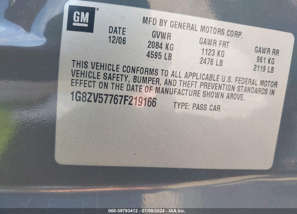 2007 SATURN AURA XR VIN: 1G8ZV57767F219166