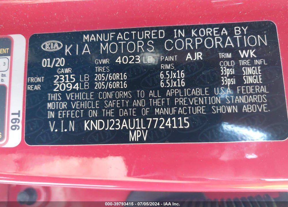 2020 KIA SOUL LX VIN: KNDJ23AU1L7724115