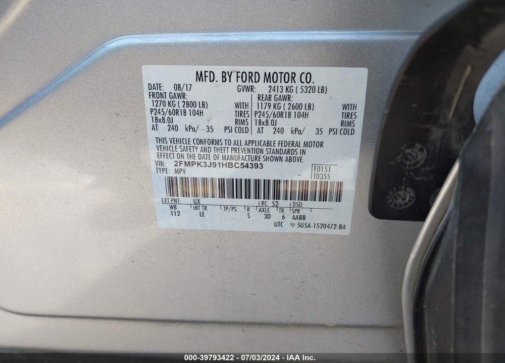 2017 FORD EDGE SEL VIN: 2FMPK3J91HBC54393
