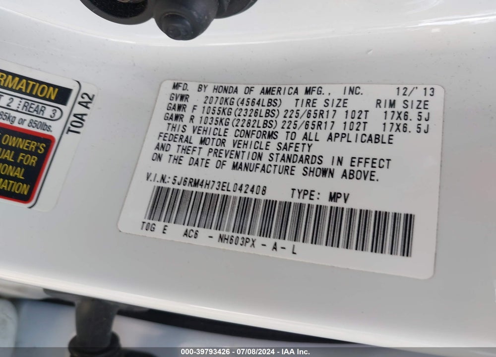 2014 HONDA CR-V EX-L VIN: 5J6RM4H73EL042408