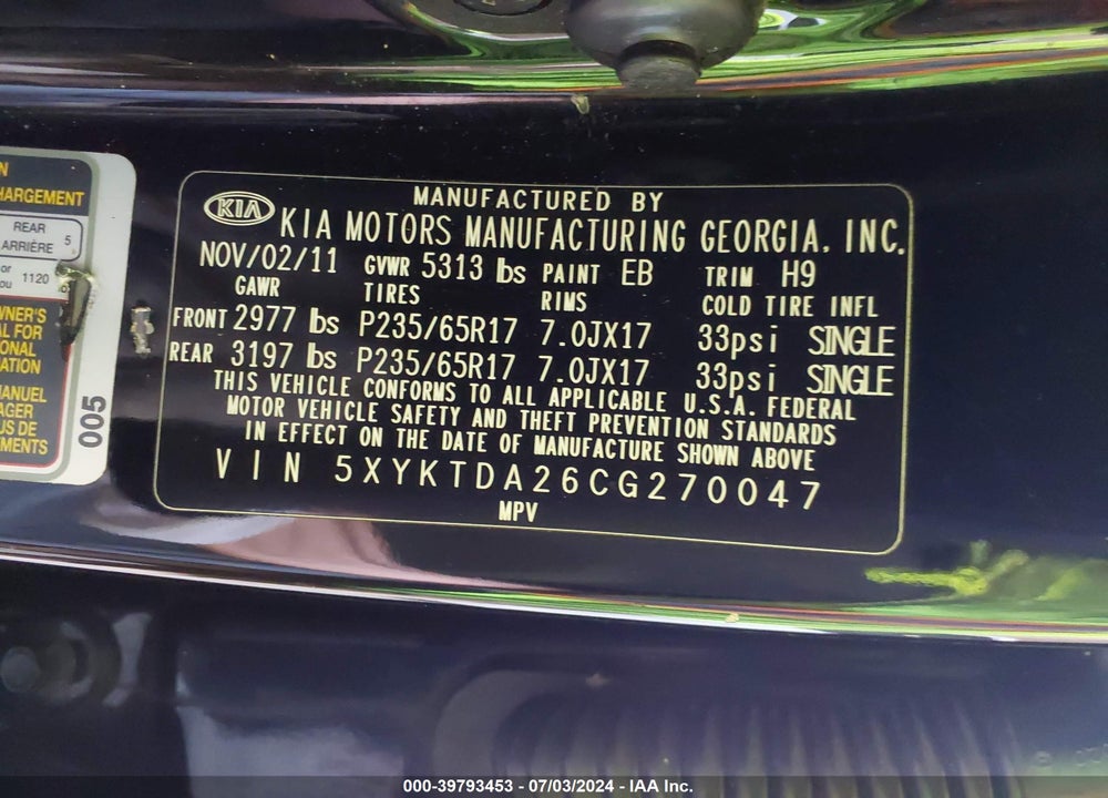 2012 KIA SORENTO LX V6 VIN: 5XYKTDA26CG270047
