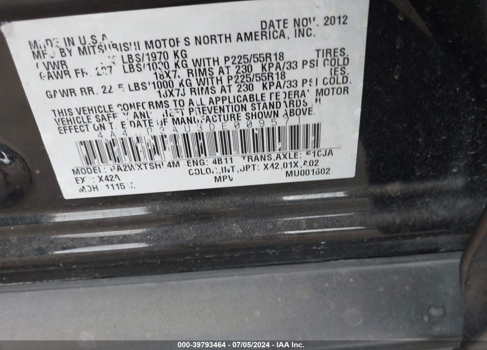 2013 MITSUBISHI OUTLANDER SPORT ES VIN: 4A4AP3AU3DE009571