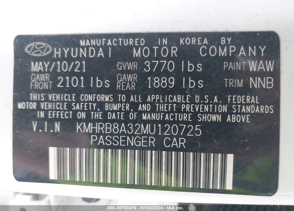 2021 HYUNDAI VENUE SE VIN: KMHRB8A32MU120725