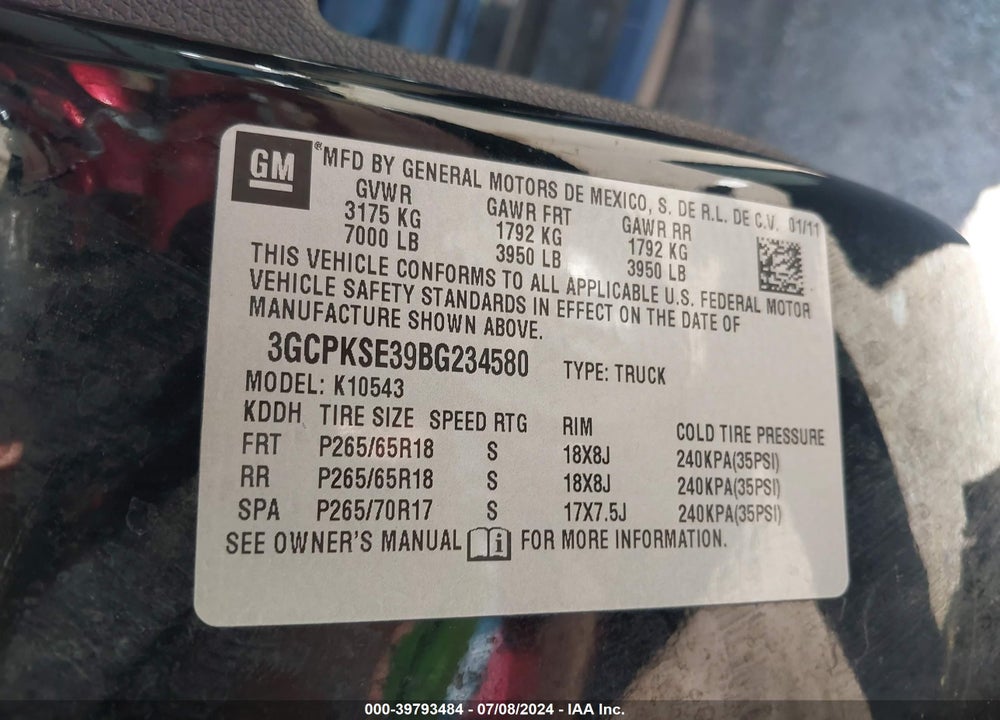 2011 CHEVROLET SILVERADO 1500 LT VIN: 3GCPKSE39BG234580