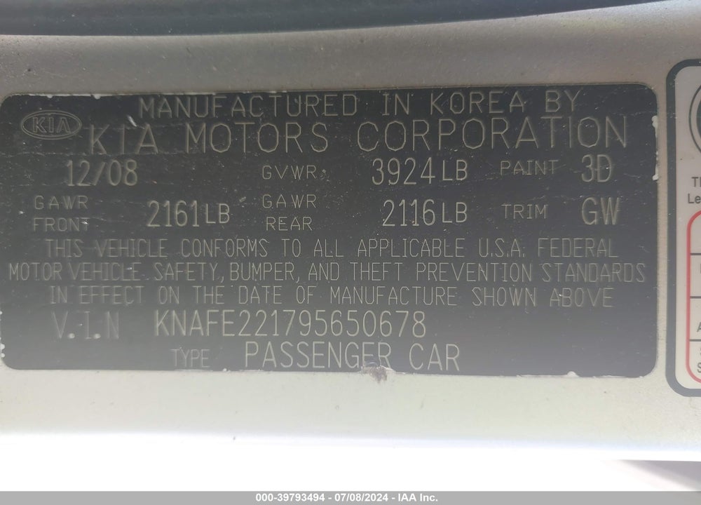 2009 KIA SPECTRA EX VIN: KNAFE221795650678
