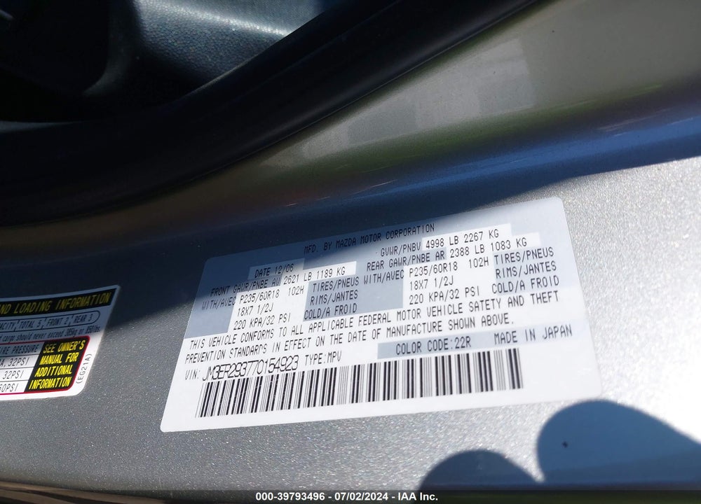 2007 MAZDA CX-7 GRAND TOURING VIN: JM3ER293770154923