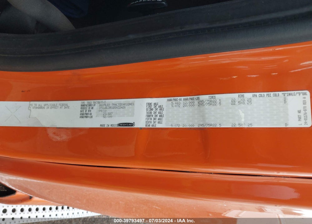 2011 FREIGHTLINER CASCADIA 125 VIN: 1FUJGLDR1BSAZ2426