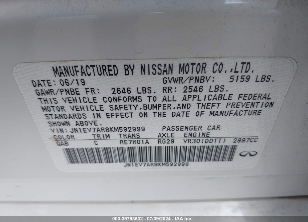 2019 INFINITI Q50 VIN: JN1EV7AR8KM592999