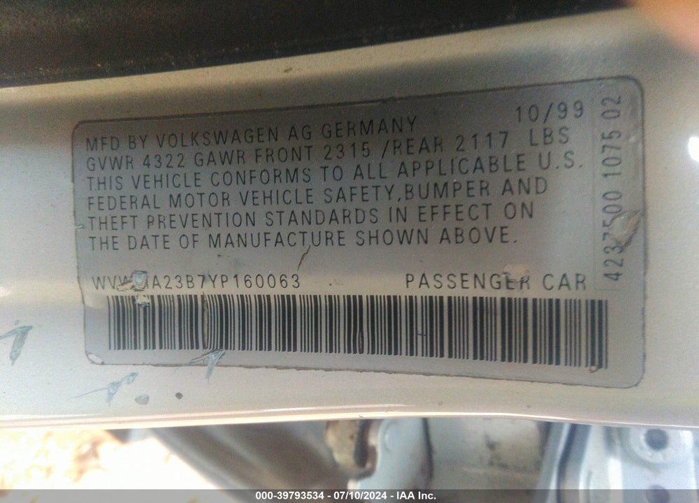 2000 VOLKSWAGEN PASSAT GLS VIN: WVWMA23B7YP160063