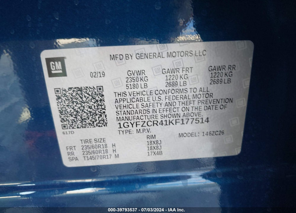 2019 CADILLAC XT4 PREMIUM LUXURY VIN: 1GYFZCR41KF177514
