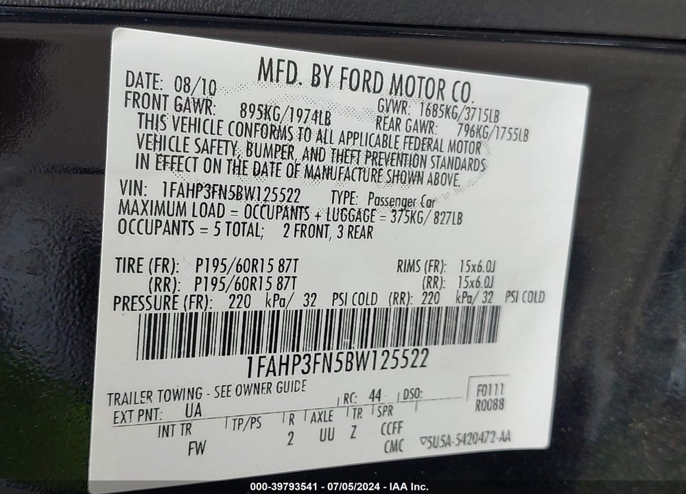 2011 FORD FOCUS SE VIN: 1FAHP3FN5BW125522