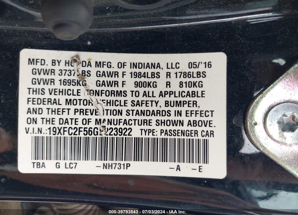 2016 HONDA CIVIC LX VIN: 19XFC2F56GE223922