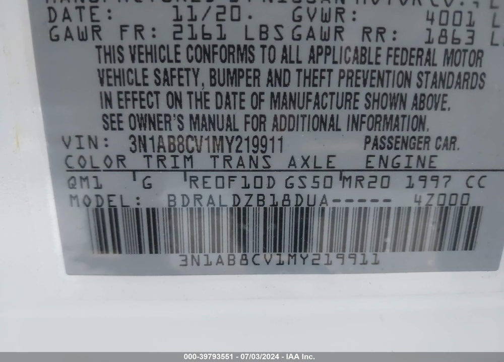 2021 NISSAN SENTRA SV XTRONIC CVT VIN: 3N1AB8CV1MY219911