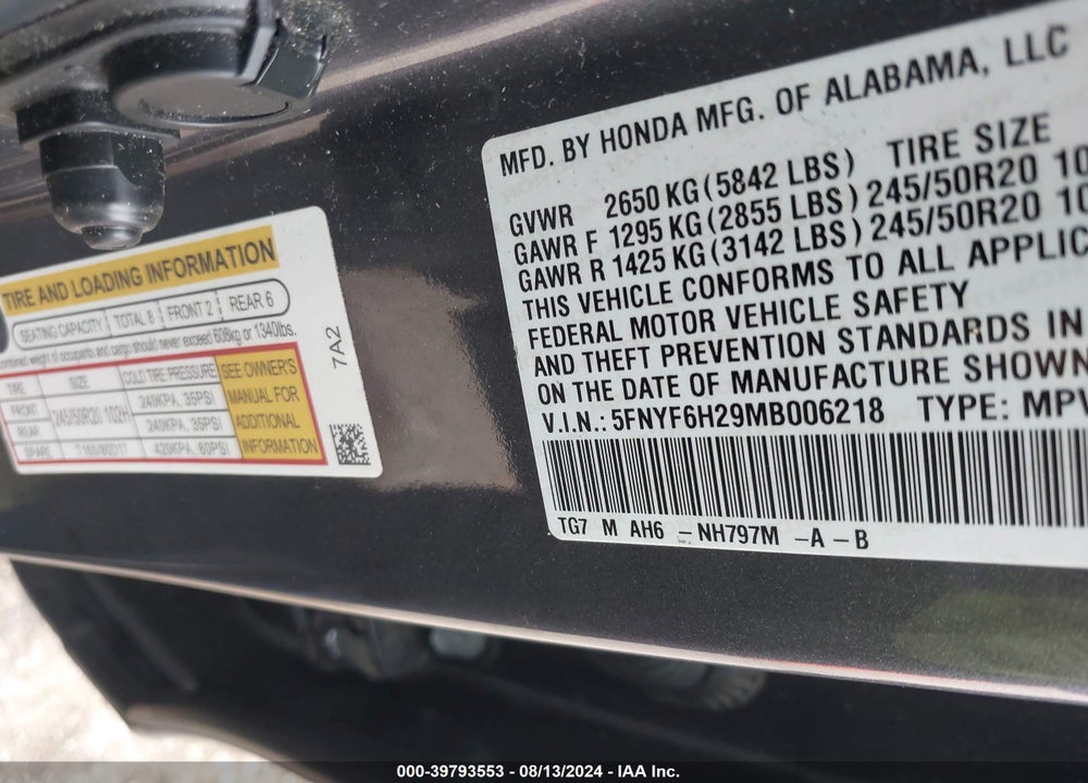 2021 HONDA PILOT AWD SPECIAL EDITION VIN: 5FNYF6H29MB006218