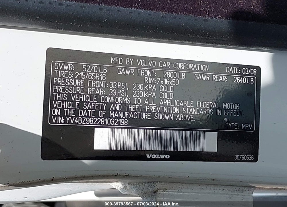 2008 VOLVO XC70 3.2 VIN: YV4BZ982281032198