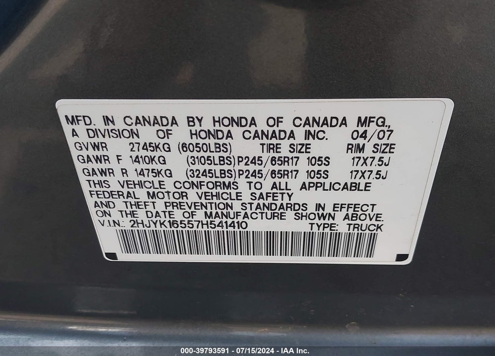 2007 HONDA RIDGELINE RTL VIN: 2HJYK16557H541410